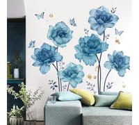 wondever Stickers Muraux Fleurs Bleues Grand Autocollants Muraux Mural Stickers Floral Pivoine Papillon pour Chambre Fille Salon Bureau