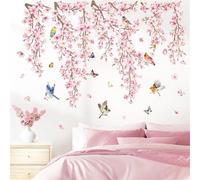wondever Stickers Muraux Fleurs de Cerisier Rose Autocollant Muraux Mural Stickers Floral Branche Vigne Oiseaux pour Chambre Salon Bureau Mur TV