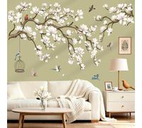 wondever Stickers Muraux Fleurs Magnolia Autocollants Muraux Blanc Oiseaux