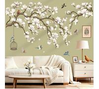 wondever Stickers Muraux Fleurs Magnolia Autocollants Muraux Stickers Mural Branche de Floral Blanc Oiseaux pour Chambre Adulte Salo