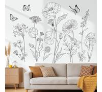 wondever Stickers Muraux Floral Noir et Blanc Autocollants Muraux Stickers Mural Fleurs Coquelicots Tournesol Papillon pour Chambre Salon Mur TV