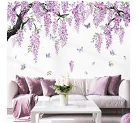 wondever Stickers Muraux Grand Branche de Fleurs Violet Autocollants Muraux Mural Stickers Pendantes Fleurs Branche Arbre Papillons pour Chambre Bureau Salon Mur TV