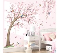 wondever Stickers Muraux Grand Fleur de Cerisier Arbre Rose Autocollants Muraux Mural Stickers Fleurs Pendantes Branche Oiseaux pour Chambre Salon Bureau Mur TV