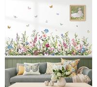 wondever Stickers Muraux Herbe Verte Coin Plinthe Autocollant Muraux Mural Stickers Fleur de Jardin Sauvage Papillons pour Chambre Salon Bureau Mur TV