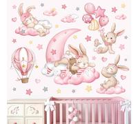 wondever Stickers Muraux Lapin Rose Chambre Fille Autocollants Muraux Mural Stickers Animaux Endormis Nuage Etoile pour Chambre Enfants Fille Bébé Pépinière