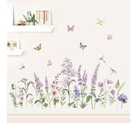 wondever Stickers Muraux Lavande Fleurs Autocollants Muraux Mural Stickers Fleur de Jardin Papillon pour Chambre Fille Salon Bureau