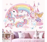 wondever Stickers Muraux Licorne Arc en Ciel Muraux Mural Stickers Fée Fille Château Fleur Papillon pour Chambre Enfants Fille Bébé Pépinière
