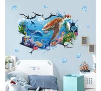 wondever Stickers Muraux Monde sous Marin 3D Tortue Autocollants Muraux Mural Stickers Sous la Mer Poissons Tropicaux Dauphin Océan pour Bébé Pépinière Enfants Salle de Bain
