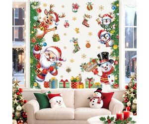 wondever Stickers Muraux Noël 3D Père Noël et Renne Autocollants Muraux Mural Stickers Bonhomme de Neige Pingouin pour Fête de Fenêtre Décoration de Fenetre Stickers