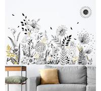 wondever Stickers Muraux Noir et Blanc Floral Autocollants Muraux Mural Stickers Fleur de Jardin Coquelicots Tournesol pour Chambre Salon Bureau