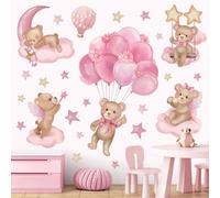 wondever Stickers Muraux Ourson Ballons Rose Autocollants Muraux Mural Stickers Ours Endormis Nuages Étoile pour Chambre Fille Bébé Pépinière