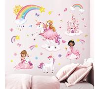 wondever Stickers Muraux Princesse Licorne Autocollants Muraux Mural Stickers Château Arc en Ciel pour Chambre Bébé Fille Enfants Pépinière