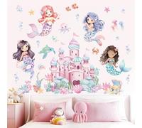 wondever Stickers Muraux Sous la Mer Sirène Château Autocollants Muraux Mural Stickers Océan Algues Poisson pour Chambre Fille Bébé Pépinière