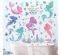 wondever Stickers Muraux sous la Mer Sirène Silhouette Autocollants Muraux Mural Stickers Océan Bulles Pailletées Algues pour Chambre Fille Bébé Pépinière