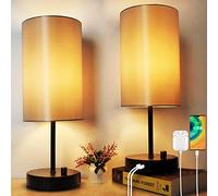 Wondlumi Lampe de Chevet Lot de 2 8W Dimmable avec Ports de Charge E27 800lm USB-A + USB-C, Minimaliste Lampe de Table de Noir Moderne Abat-jour en Tissu pour Chambre Salon Hôtel(Ampoule LED Incluse)