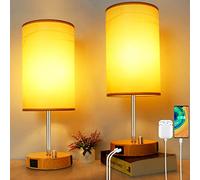 Wondlumi Lampe de Chevet Lot de 2 8W Dimmable avec Ports de Charge USB-A + USB-C, Minimaliste Lampe Chambre E27 800lm de Bois Abat-jour en Tissu pour Chambre Salon Hôtel(Ampoule LED Incluse)