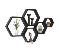 WONFUlity Étagères flottantes hexagonales en nid d'abeille à fixation murale en bois pour salle de bain, cuisine, chambre, salon, finition bois flotté, noir