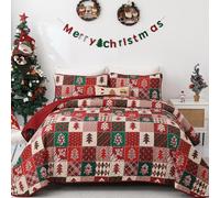 WONGS BEDDING Couvre-lit 220 x 240 cm, rouge, vert, motif patchwork rouge, double face, flocon de neige, couverture de Noël, pour chambre à coucher, matelassé, avec 2 taies d'oreiller, 50 x 75 cm