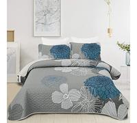 WONGS BEDDING Couvre-lit 240 x 260 cm, motif floral, bleu, doux, pour lit double, en microfibre, avec 2 taies d'oreiller de 50 x 75 cm
