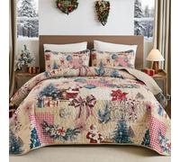 WONGS BEDDING Couvre-lit 240 x 260 cm Noël marron avec 2 taies d'oreiller | Couvre-lit de Noël 3 pièces en microfibre matelassée pour lit double, motif sapin de Noël