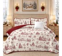 WONGS BEDDING Couvre-lit de Noël 220 x 240 cm, rouge, sapin de Noël, renne | Jeté de lit 3 pièces avec 2 taies d'oreiller de 50 x 75 cm, matelassé pour lit double, élan, Noël, sapin de Noël, Père Noël