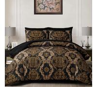 WONGS Bedding Ensemble Confort Noir King Size, Texture Damassée dorée 7 pièces Lit dans Un Sac Ensemble de literie Confortable en Microfibre -1 Confort, 1 Feuille Plate, 1 Feuille ajustée, 2 taies