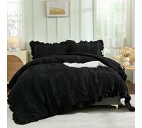 WONGS Bedding Parure de lit 3 pièces à Volants Style Rustique Chic pour très Grand lit, Texture Douce avec 1 Couette à Volants, 2 taies d'oreiller touffetées, 264 x 228,6 cm, Noir