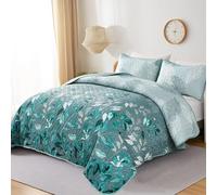WONGS BEDDING Parure de lit 3 pièces en Microfibre Douce avec 2 taies d'oreiller pour Toutes Les Saisons - Motif Feuilles botaniques - Turquoise - Grand lit - 243,8 x 228,6 cm