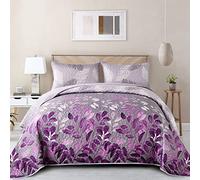WONGS BEDDING Parure de lit 3 pièces en Microfibre Douce avec 2 taies d'oreiller pour Toutes Les Saisons - Motif Feuilles botaniques - Violet - Grand lit - 228,6 x 243,8 cm