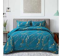 WONGS BEDDING Parure de lit en marbre Bleu Sarcelle doré métallisé avec 2 taies d'oreiller pour Toutes Les Saisons, Parure de lit 261,6 x 228,6 cm pour très Grand lit