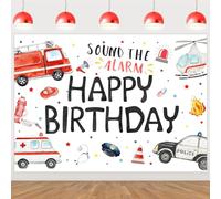Wonmelody 2,1 x 1,5 m Décorations d'anniversaire d'urgence Toile de fond « Happy Birthday Sound The Alarm Backdrop Banner Rescue Vehicle Birthday Party Supply Team Rescue Backdrop First Responder