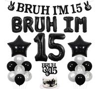 Wonmelody Bruh It's My Birthday Decor Black Bruh I'm 15 Birthday Decor Bannière de ballons Bro I'm 15 Décoration de gâteau Star Balloon Cheers to 15th Years Fournitures amusantes Happy Quinzième Fête