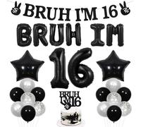 Wonmelody Bruh It's My Birthday Decor Black Bruh I'm 16 Birthday Decor Bannière de ballons Bro I'm 16 Décoration de gâteau Star Balloon Cheers to 16th Years Fournitures amusantes Happy Seizith
