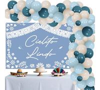 Wonmelody Décoration de fête prénatale mexicaine Cielito Lindo bleue Toile de fond Papel Picado Bannière Boho Bleu Sable Blanc Guirlande de ballons Talavera Papel Picado Décor pour bienvenue bébé
