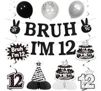 Wonmelody Décorations d'anniversaire Bruh I'm 12 - Noir et blanc - Comprend une bannière Bruh, des tourbillons suspendus, des centres de table en nid d'abeille et des ballons en latex - Idéales pour