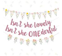 Wonmelody Décorations de 1er anniversaire Wildflower Isn't She Lovely Isn't She Onederful - Bannière à paillettes sur le thème des fleurs sauvages - Guirlande florale à suspendre pour fille