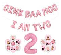 Wonmelody Décorations de fête d'anniversaire en forme d'animal de la ferme pour fille - Rose - Baa Moo I Am Two - Bannière de ballons en forme d'âne - Ballons Moo Moo I Am Two - Fournitures pour 2e