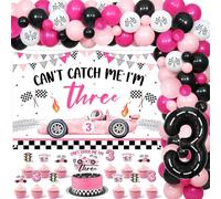 Wonmelody Décorations de fête d'anniversaire en forme de voiture de course « Girl Can't Catch Me I'm Three » sur le thème de la course rose - Toile de fond en vinyle pour anniversaire d'enfants