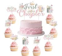 Wonmelody Lot de 25 décorations de gâteau d'anniversaire pour fille - Livre de contes - Fournitures pour premier anniversaire - Livres floraux roses et verts - Pour club, lecture, bibliothèque