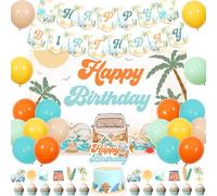 Wonmelody Surf Décorations de fête d'anniversaire Bleu Orange Vintage Joyeux anniversaire Toile de fond Été Surf Anniversaire Bannière Party Supply The Big One Decro Cake Topper Ballon pour