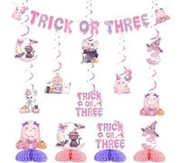 Wonmelody Trick or Three Décorations d'Halloween pour 3e anniversaire pour filles, bannière rose et violette, tourbillons à suspendre, centres de table en nid d'abeille pour troisième anniversaire