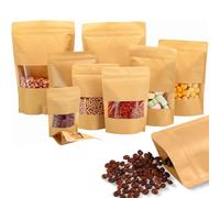 Wonninek Lot de 100 sacs refermables en papier kraft marron avec fenêtre - 17 x 23,9 cm - Pochettes verticales pour stockage des aliments, café, bonbons, mijoteuse (marron)