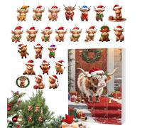Wonsfuleu Compte À Rebours De La Vache Highland - Vache des Highlands en Acrylique Plat 2D 24 Jours - Compte à Rebours de Vacances de Noël Pendant - Décoration pour Voiture Maison Chambre Fenêtre