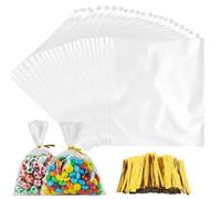 Woobroo 300 Sachet Plastique Transparent15x10cm avec 300 Attaches Dorées - Pour Bonbons, Biscuits, Cadeaux - Idéal Fêtes, Mariages, Commerces Alimentaires