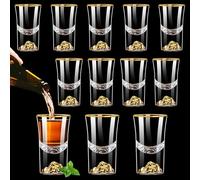 Woobroo Lot de 12 verres à shot de 15 ml en verre à bord doré avec flocons d'or 24 carats - Verres à expresso et à spiritueux à base lourde pour cocktails, vodka, tequila, liqueurs, desserts