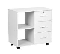 Wood Cabinet with Three Drawers,Storage Cabinet with Lids 2-Layer, Filing Cabinet with Wheels,Open Storage Shelves for Home, Office, Dorm Room Essentials (White)