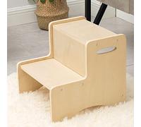 WOOD CITY Marchepied en bois naturel 2 marches avec poignées, coussinets antidérapants pour la sécurité, tabouret de salle de bain et marchepied de cuisine double hauteur