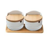 Wood Salt Cellar Box - Ceramic Elegant Kitchen Container Holder | Sea Salt Containers For Countertop |With Wooden Spoon And Lid | Seasoning Box, Kitchen Seasoning Storage Jar For Counter
