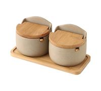 Wood Salt Cellar Box - Sea Salt Containers For Countertop | Ceramic Elegant Kitchen Container Holder | With Wooden Spoon And Lid | Seasoning Box, Kitchen Seasoning Storage Jar For Counter