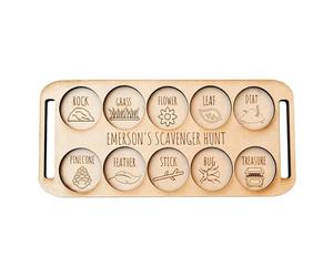 Wood Scavenger Game, Camping Hunt Board Set, 10.24x4.33in Adventure Activity Kit with Engraved Tracking Design, Outdoor Challenge System, Nature Discovery Style Game, Backyard Use for Group Play
